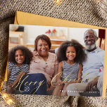 Gold Merry Christmas elegant script simple photo Holiday Card<br><div class="desc">Simple stylish trendy photo overlay chic faux gold calligraphy and white snowflakes Merry Christmas greeting card template personalised with your photo,  family name,  text,  and signature.               Easy to personalise on both sides!</div>