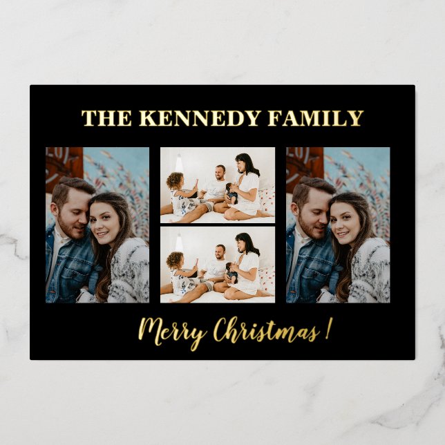 Gold Merry Christmas Family Name 4 Photo Collage   Foil Holiday Card (Front)
