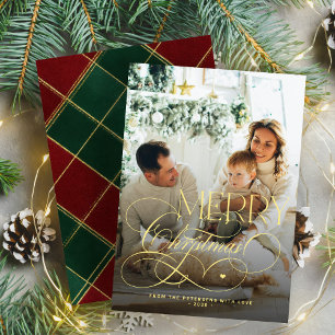 Gold Merry Christmas family photo elegant plaid  Holiday Card