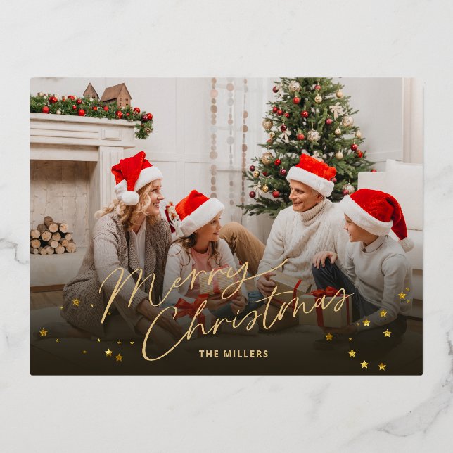 Gold Merry Christmas Family Photo holiday card (Front)