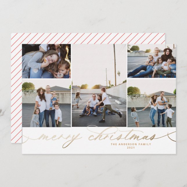 Gold Merry Christmas Five 5 Photo Pictures Card (Front/Back)