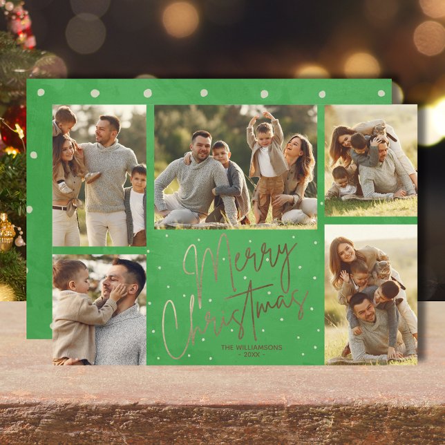 Gold Merry Christmas Five Photo Green Holiday Card (Gold faux foil Merry Christmas five photos flat green holiday cards with your greeting on the back)