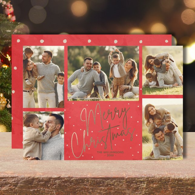Gold Merry Christmas Five Photo Red  Holiday Card (Gold faux foil Merry Christmas five photos flat red holiday cards with your greeting on the back)