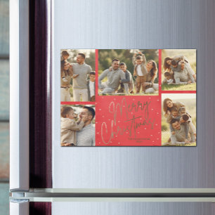 Gold Merry Christmas Five Photo Red Holiday Magnet