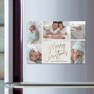 Gold Merry Christmas Five Photos Magnetic Card