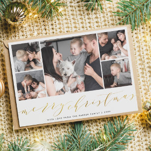 Gold Merry Christmas Five Pictures Holiday Photo Card