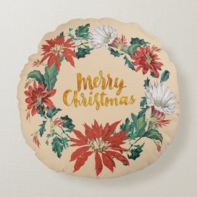 Gold Merry Christmas Flower Wreath on Beige Round Cushion (Front)