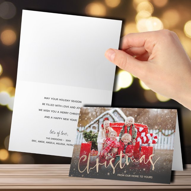 Gold Merry Christmas Folded Photo Holiday Card (Gold Merry Christmas script folded photo holiday cards)