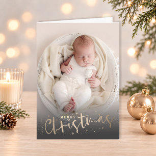 Gold Merry Christmas Folded Photo Holiday Card