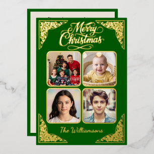 Gold Merry Christmas, four pictures, Purple, names Foil Holiday Card