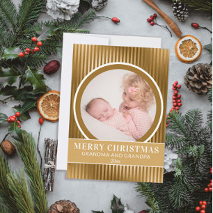 Gold Merry Christmas Grandparents Grandchild Photo Holiday Card