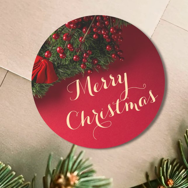 Gold Merry Christmas  Greenery & Berries Red  Classic Round Sticker (Creator Uploaded)