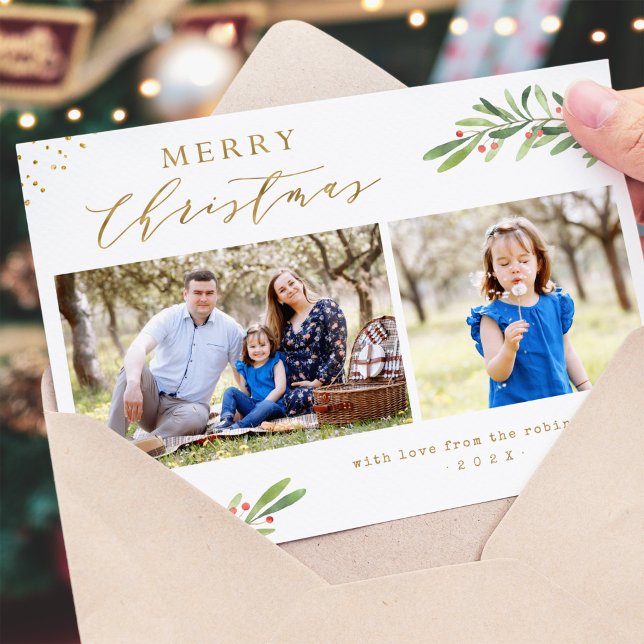 Gold Merry Christmas Greeting Family Kids 2 Photos Holiday Card (Creator Uploaded)