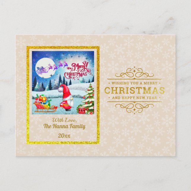 Gold Merry Christmas & Happy New Year & Snowflake Holiday Postcard (Front)