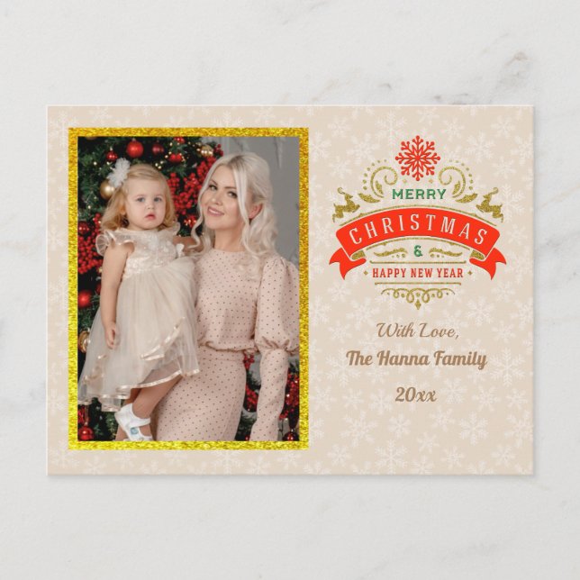 Gold Merry Christmas & Happy New Year & Snowflake Postcard (Front)