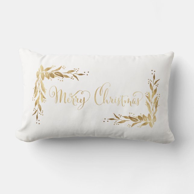 Gold Merry Christmas Holly Berry Wreath on White Lumbar Cushion (Front)