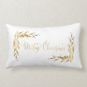 Gold Merry Christmas Holly Berry Wreath on White Lumbar Cushion
