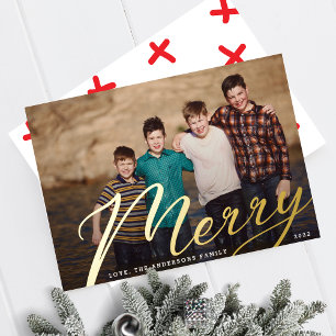 Gold Merry   Christmas Landscape Family Photo Foil Foil Holiday Card