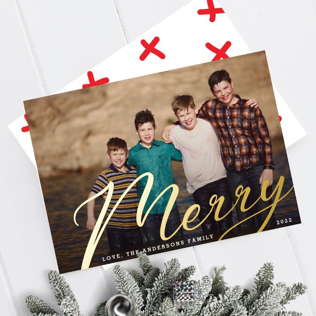 Gold Merry | Christmas Landscape Family Photo Foil Holiday Card (Creator Uploaded)