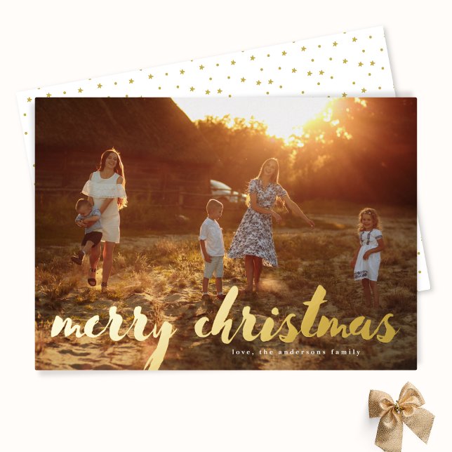 Gold Merry Christmas Lettering Family Photo Foil Holiday Card (Creator Uploaded)
