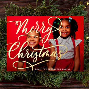 Gold Merry Christmas Lettering Family Photo Foil Holiday Card