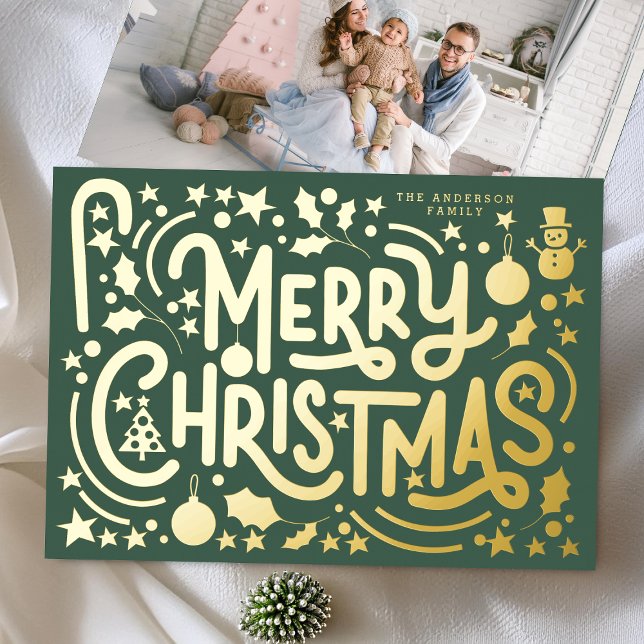 Gold Merry Christmas Lettering Photo Back Foil Holiday Card (Creator Uploaded)