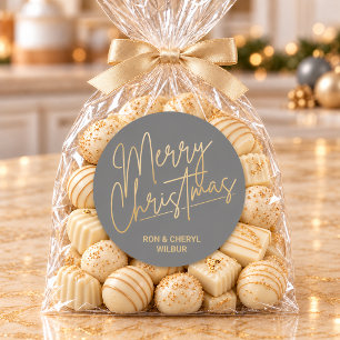 Gold Merry Christmas Luxe Grey Classic Round Sticker