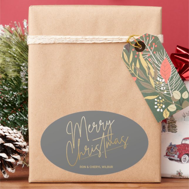 Gold Merry Christmas Luxe Grey Oval Sticker (Holiday)