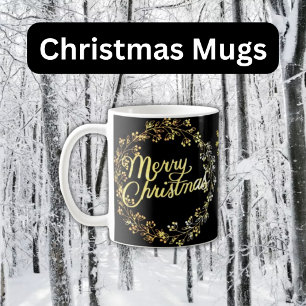 Gold Merry Christmas on Black Metallic Background Coffee Mug