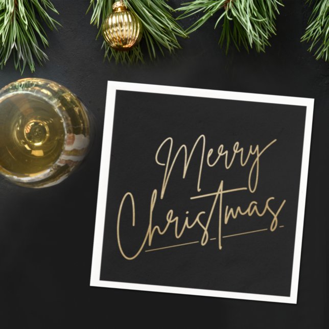 Gold Merry Christmas on Black Napkin (Creator Uploaded)