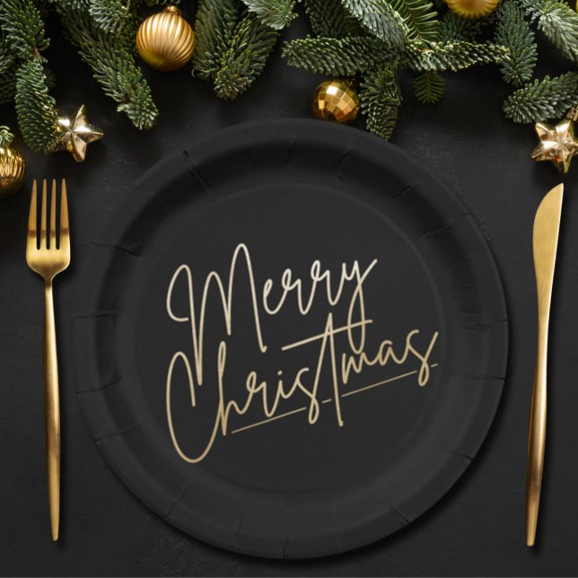 Gold Merry Christmas on Black Paper Plate (Creator Uploaded)