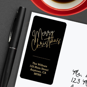 Gold Merry Christmas on Black Return Address Label