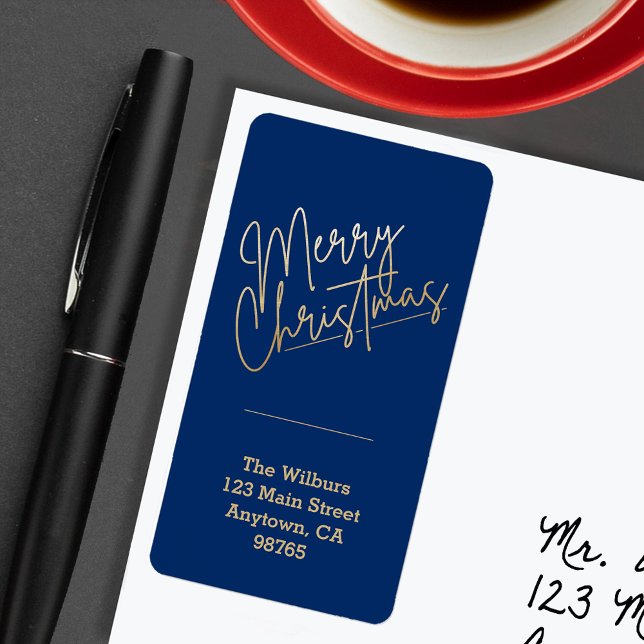 Gold Merry Christmas on Blue Return Address Label (Gold Merry Christmas on Blue Return Address Labels)