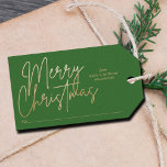 Gold Merry Christmas on Green Gift Tags<br><div class="desc">Merry Christmas in a chic faux gold foil script,  from with your names and a line for who the gift is to,  these green gift tags or party favour tags are stylish for any Christmas holiday occasion.</div>