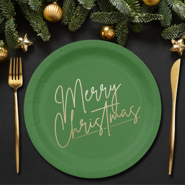 Gold Merry Christmas on Green Paper Plate (Creator Uploaded)