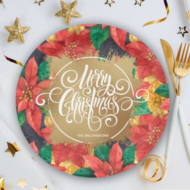 Gold Merry Christmas on Poinsettias Paper Plate (Creator Uploaded)