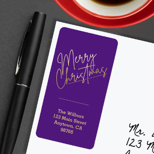 Gold Merry Christmas on Purple Return Address Label