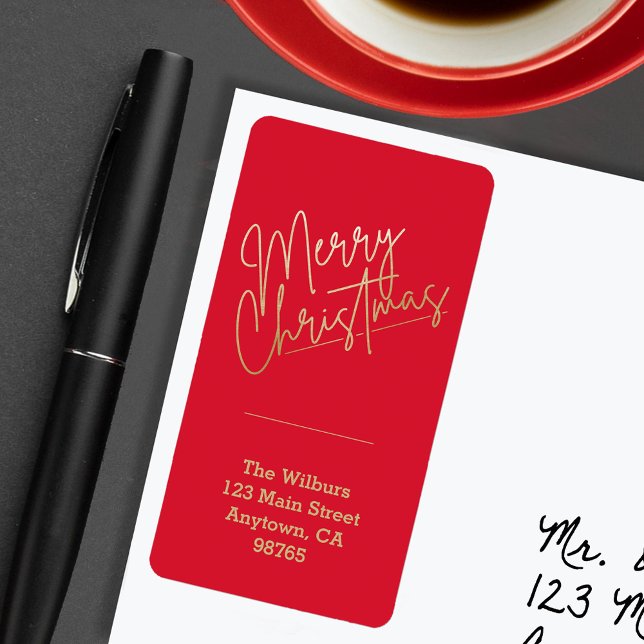 Gold Merry Christmas on Red Christmas Address Label (Gold Merry Christmas on Red Return Address Labels)