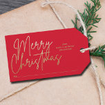 Gold Merry Christmas on Red Gift Tags<br><div class="desc">Merry Christmas in a chic faux gold foil script,  from with your names and a line for who the gift is to,  these red gift tags or party favour tags are stylish for any Christmas holiday occasion.</div>