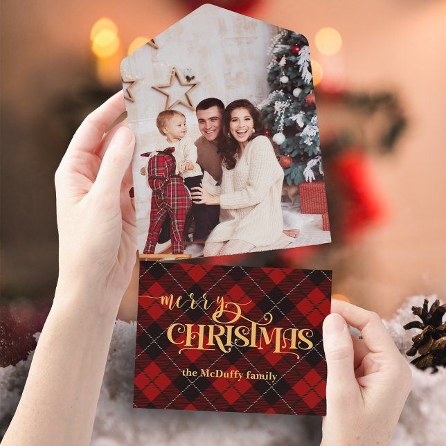 Gold Merry Christmas on Red Tartan Photo All In One Invitation (Creator Uploaded)