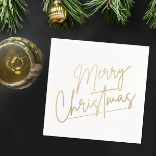Gold Merry Christmas on White Napkins