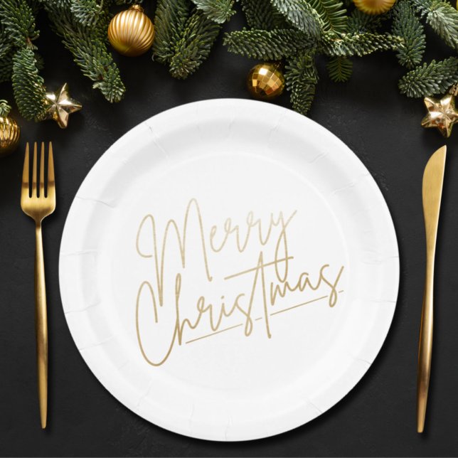 Gold Merry Christmas on White Paper Plate (Creator Uploaded)