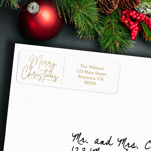 Gold Merry Christmas on White Return Address Label (Gold Merry Christmas script on white return address labels)