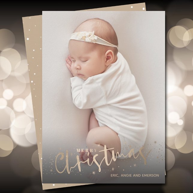 Gold Merry Christmas Photo Birth Announcements (Creator Uploaded)