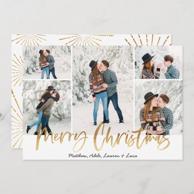 Gold Merry Christmas Photo Card Five Pictures (Front/Back)