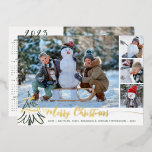 Gold Merry Christmas Photo Collage 2023 Calendar Foil Holiday Card<br><div class="desc">CONTACT THE DESIGNER FOR THE CURRENT YEAR CALENDAR. Elegant holiday greeting card featuring a real metallic gold foil MERRY CHRISTMAS title in a modern hand lettered calligraphy script and gold foil Christmas tree accents with a photo collage of 4 pictures on the front and the back features one photo and...</div>