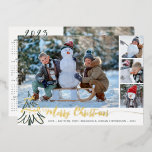 Gold Merry Christmas Photo Collage 2023 Calendar Foil Holiday Card<br><div class="desc">CONTACT THE DESIGNER FOR THE CURRENT YEAR CALENDAR. Elegant holiday greeting card featuring a real metallic gold foil MERRY CHRISTMAS title in a modern hand lettered calligraphy script and gold foil Christmas tree accents with a photo collage of 4 pictures on the front and the back features one photo and...</div>