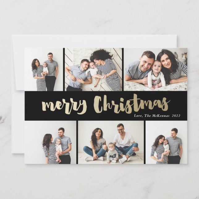 Gold Merry Christmas photo collage Holiday Card (Front)