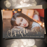 Gold Merry Christmas Photo Holiday Card<br><div class="desc">Celebrate the holidays with this simple Christmas card featuring MERRY CHRISTMAS and your names in chic lettering. Just upload your favourite family photo and add your family personalisation. *CHANGE THE COLOR on the back of the card to match your photo. **VERTICAL card done for you in our store. Select Matte...</div>