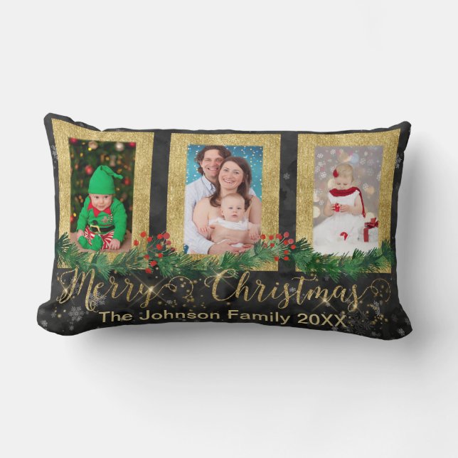 Gold Merry Christmas Photo Lumbar Cushion (Front)